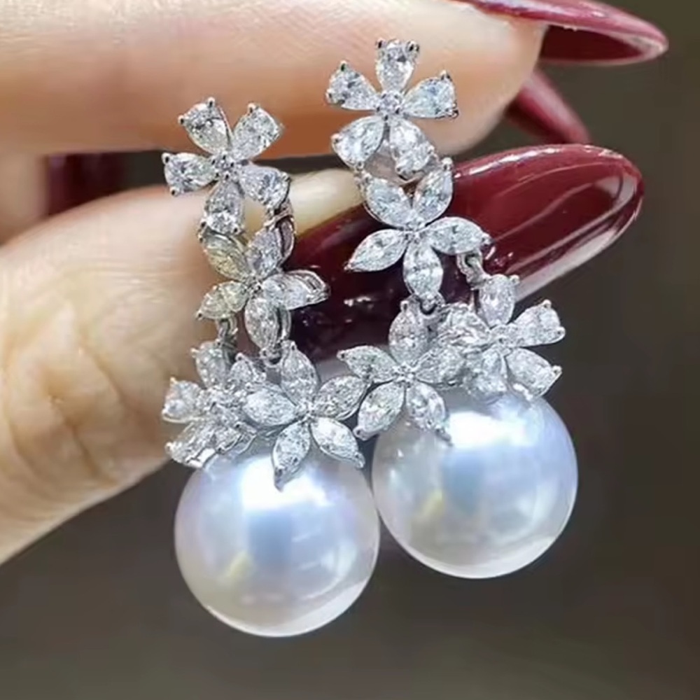 Luxury Flower CZ Pearl Statement Silver Earrings - Picture 4 of 4